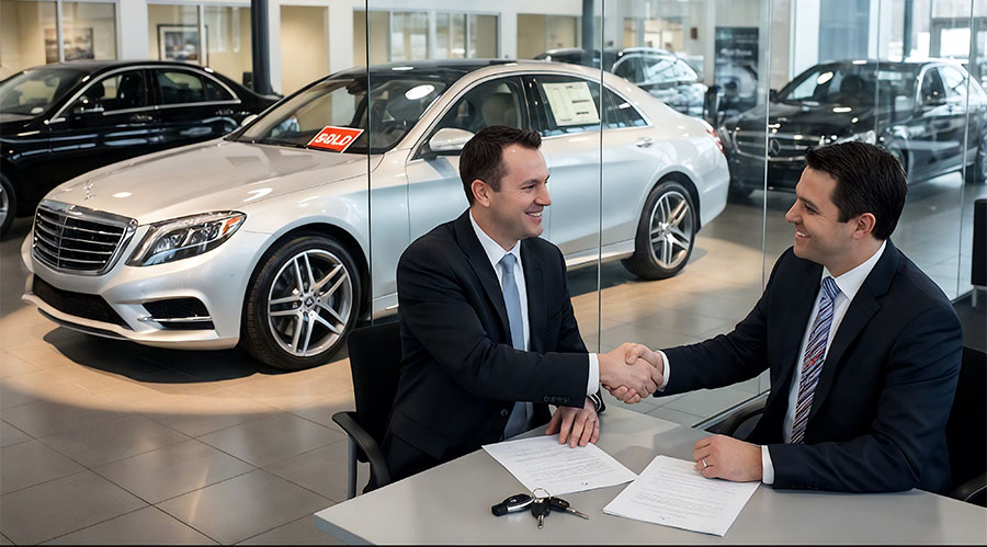 Two men completing a deal for sale of a Mercedes